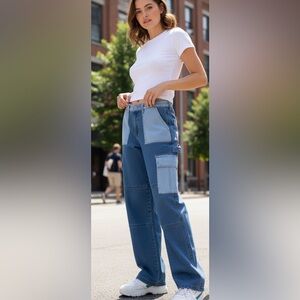 GOGO‎ Jeans Juniors Size 13/31 Blue Cargo Carpenter Patchwork Baggy Streetwear